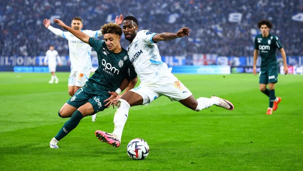 1st December 2024 - LIGUE 1 MCDONALDS - OLYMPIQUE DE MARSEILLE vs AS MONACO - STAGE 13 - ORANGE VELODROME - MARSEILLE garcia ulisses tackles by ben seghir eliesse during the game
