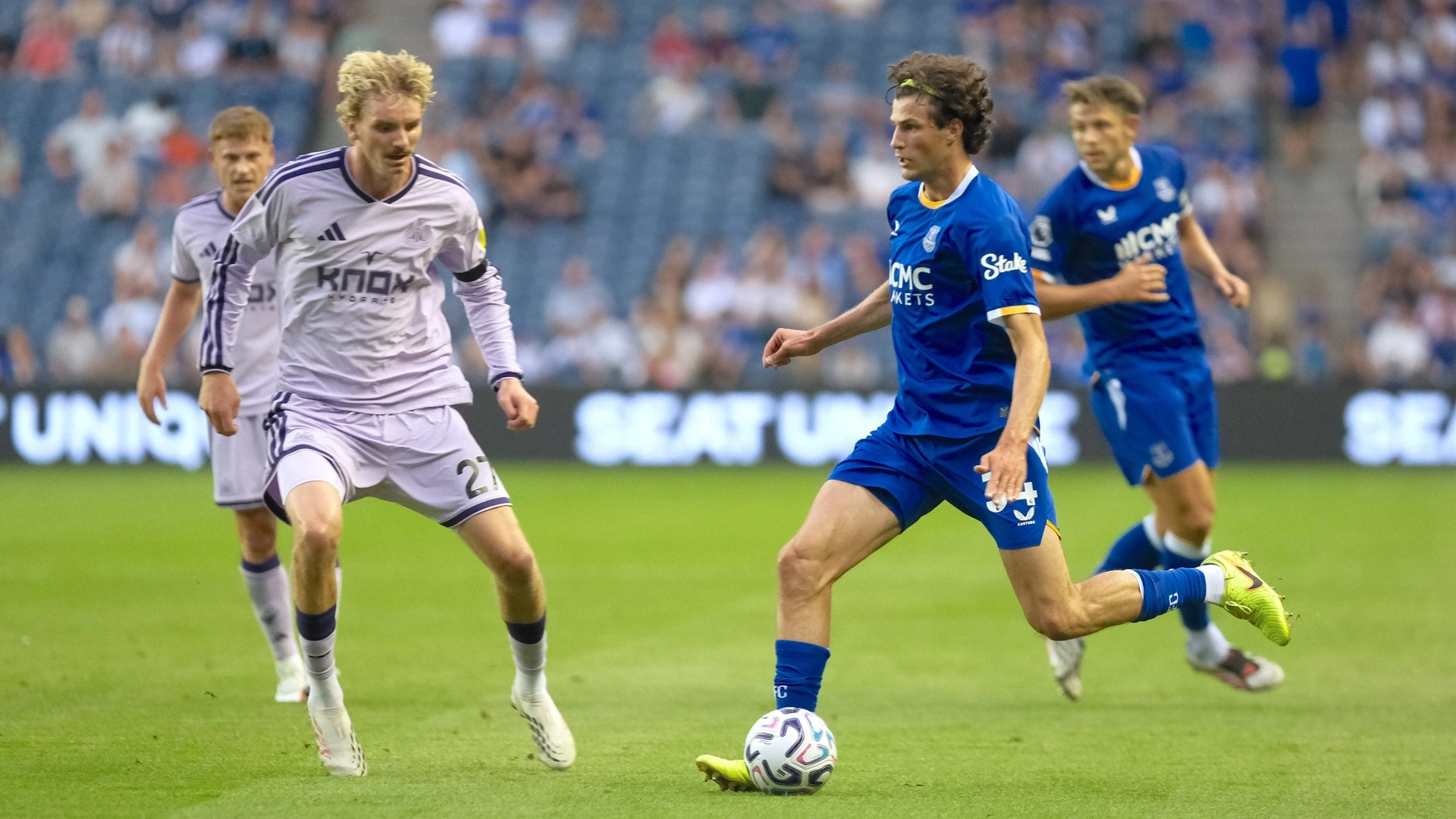 Newcastle United v Everton, English Premier League Friendly at Scottish Gas Murrayfield, Edinburgh, Scotland on 12 August 2026: Pictured: Nick Woltemade Newcastle United and Merlin Rohl Everton