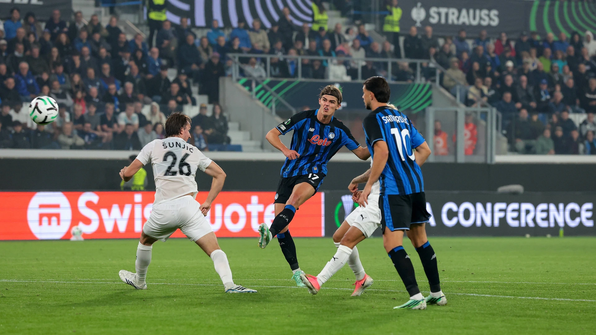 15th October 2026. Charles De Ketelaere of Atalanta fires an effort anrrowly wide of the mark during the Atalanta vs Pafos FC UEFA Conference League