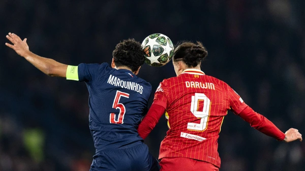 Paris Saint-Germain v Liverpool FC - UEFA Champions League 2024/25 Round of 16 First Leg Marquinhos of Paris Saint-Germain and Darwin Nunez of Liverpool participate in the UEFA Champions League round of 16 first leg football match
