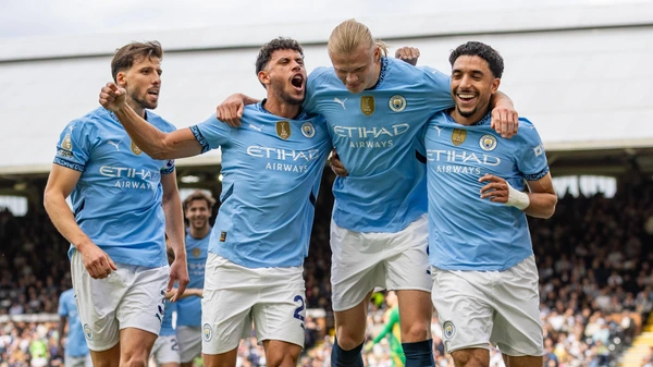 Fulham FC v Manchester City FC GOAL 0-2 Erling Haaland 9 of Manchester City takes a penalty, scores and celebrates during the Fulham FC v Manchester City FC English Premier League match at Craven Cottage, London, England, United Kingdom on 25 May 2025