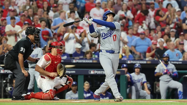 Shohei Ohtani #17 of the Los Angeles Dodgers swings at bat in the first inning against the Philadelphia Phillies in game one of the Division Series at Citizens Bank Park on October 04, 2025