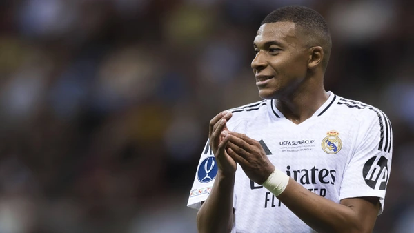 Real Madrid CF v Atalanta BC - UEFA Super Cup 2024 Kylian Mbappe of Real Madrid CF gestures during the UEFA Super Cup 2024 football match between Real Madrid CF and Atalanta BC. Warsaw Poland.