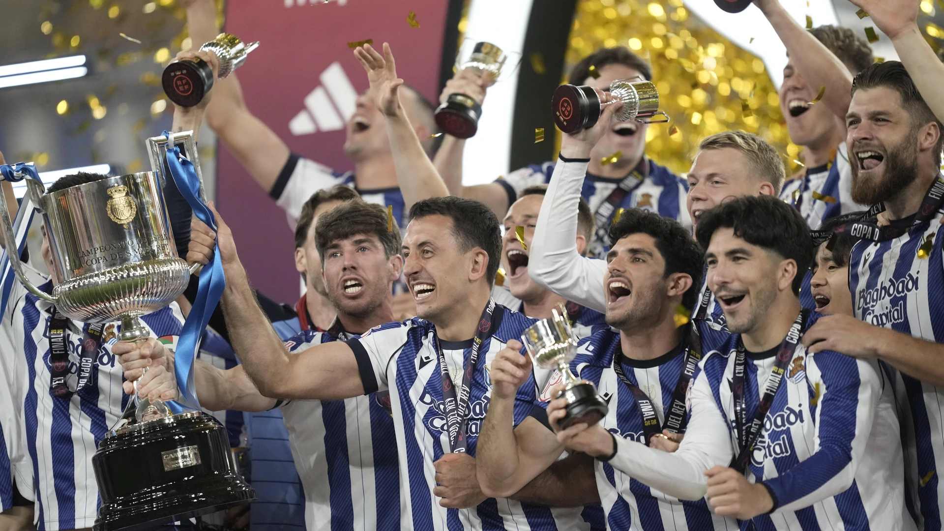 Mikel Oyarzabal centre-forward of Real Sociedad and Spain lifts the trophy after winning with his team the Copa del Rey final match between Real Sociedad y Atletico de Madrid on April 18, 2026 in Seville, Spain.
