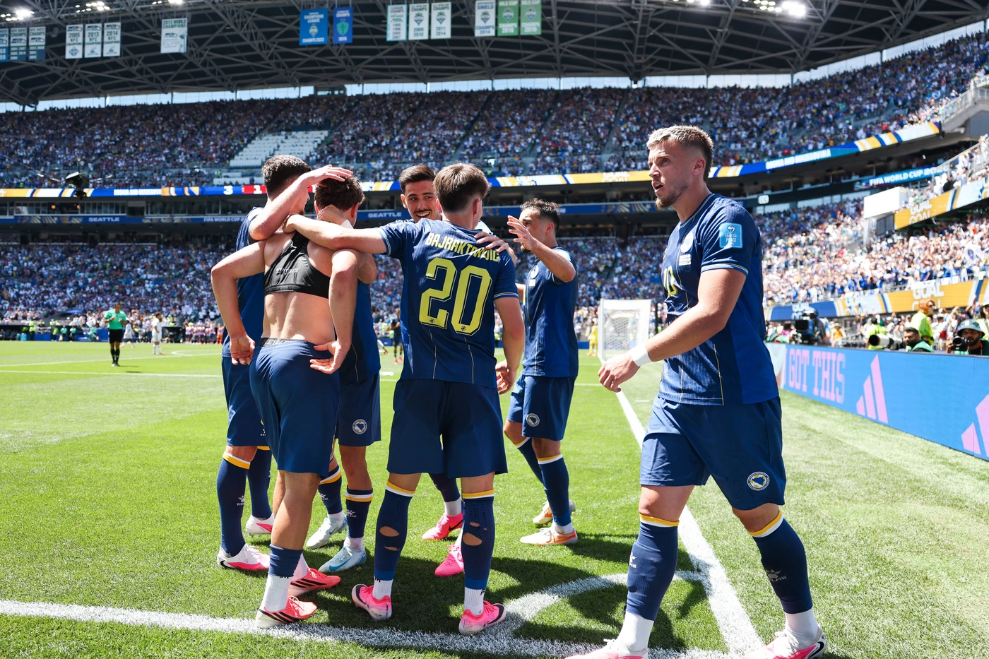 SEATTLE, WA - JUNE 24: Players from Bosnia and Herzegovina react after a goal by midfielder Ermin Mahmić 26 during the FIFA World Cup, WM, Weltmeisterschaft, Fussball 2026 Group B match between Bo...