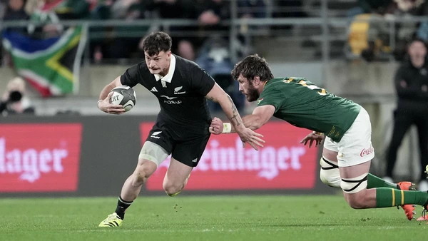 All Blacks Leroy Carter L is tackled by South Africa Ruan Nortje during the Rugby Championship - New Zealand All Blacks v South Africa test match at Sky Stadium, Wellington. 13 September 2025.