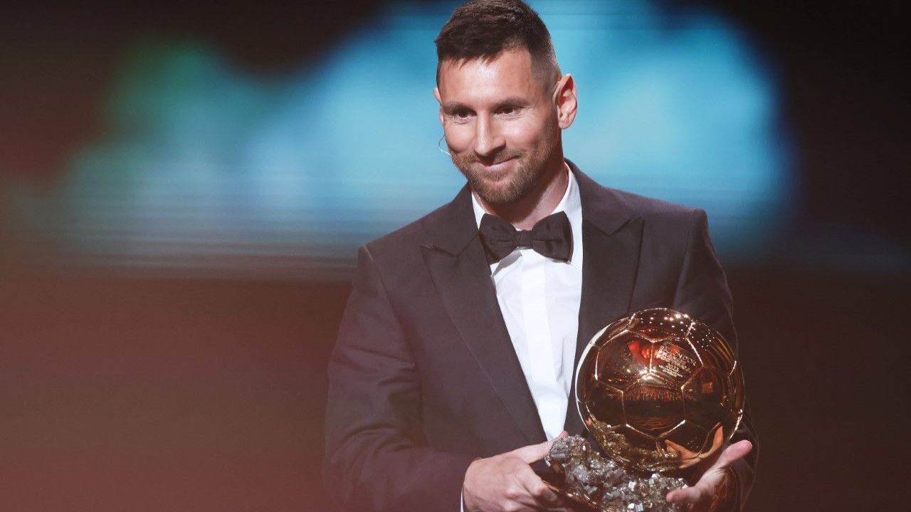 Argentine forward Lionel Messi reacts on stage with his trophy as he receives his 8th Ballon d Or award during the 2023 Ballon d Or France Football award ceremony at the Theatre du Chatelet in Paris, France, Oct. 30, 2023.