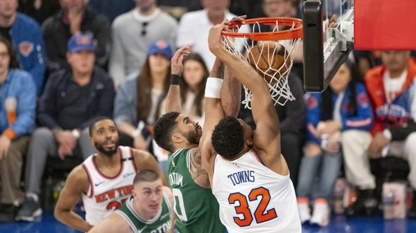 New York Knicks Karl-Anthony Towns (32) dunks the ball against Boston Celtics during game three of the second round for the 2025 NBA Playoffs at Madison Square Garden in New York City, New York, U.S., May 10, 2025.