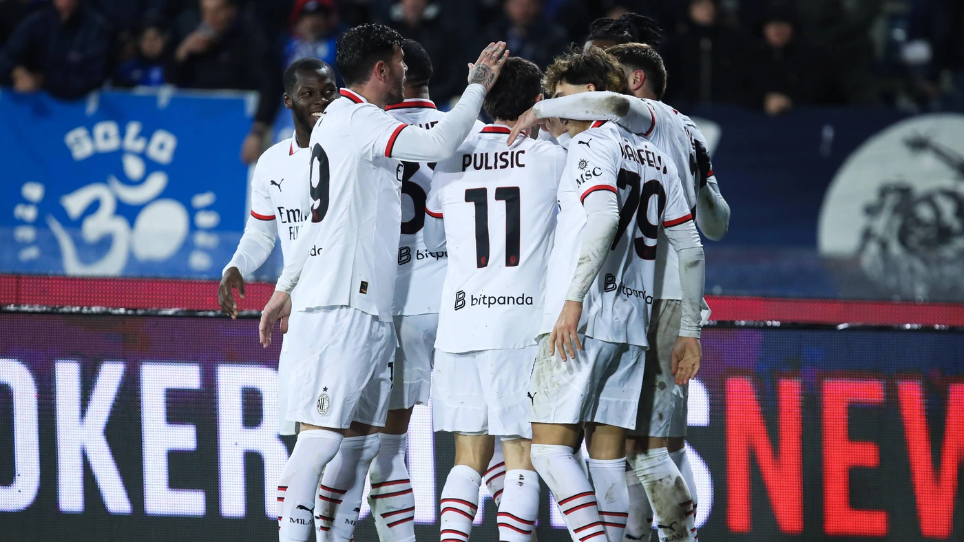 Rafael Leao of AC Milan celebrates with team mates the goal of 1-0 scored in the match between Empoli FC and AC Milan Feb 08th, 2025.