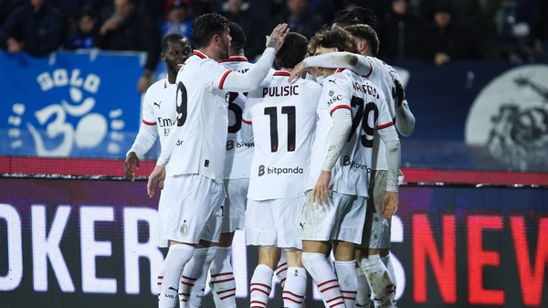 Rafael Leao of AC Milan celebrates with team mates the goal of 1-0 scored in the match between Empoli FC and AC Milan  Feb 08th, 2025.