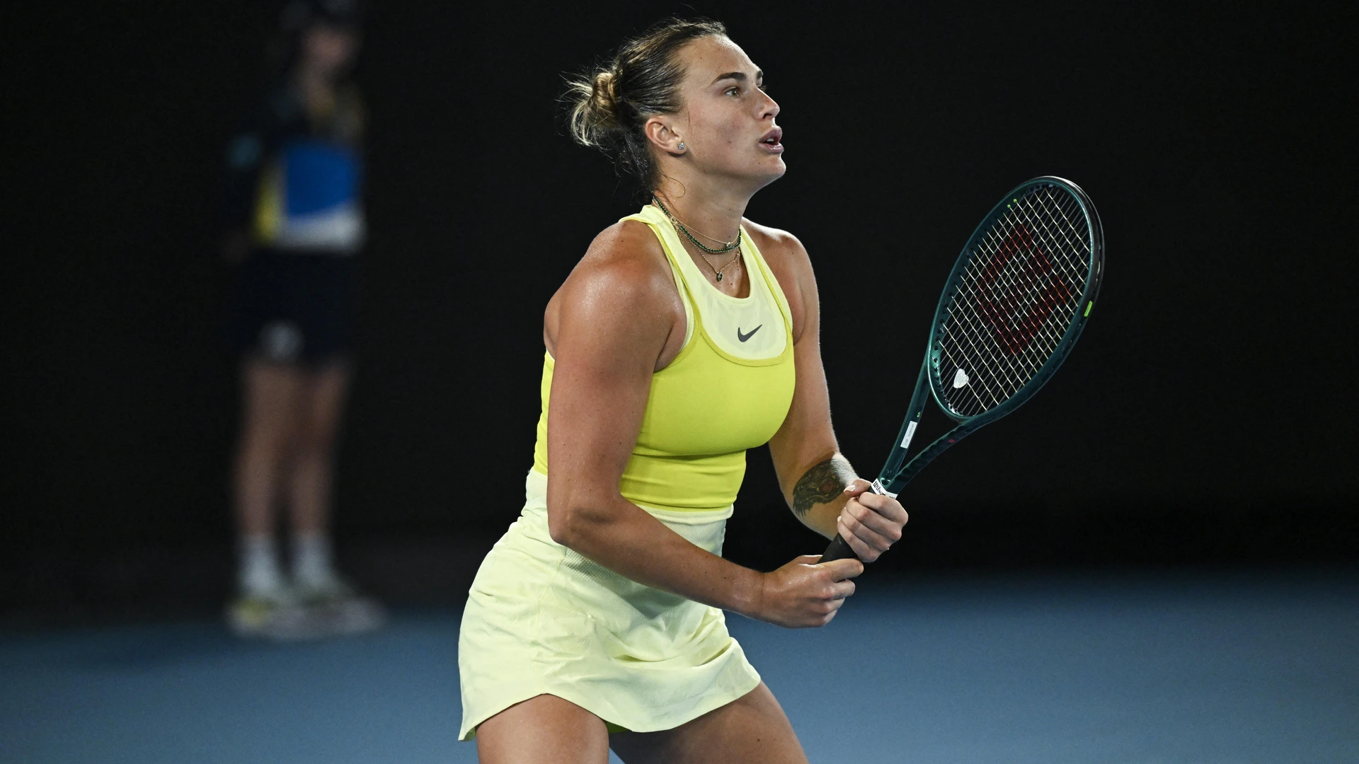 MELBOURNE, AUSTRALIA - JANUARY 23: Aryna Sabalenka in action against Paula Badosa of Spain (not seen) in the semi final match of the Australian Open grand slam tennis tournament at Melbourne Park in Melbourne, Australia on January 23, 2025
