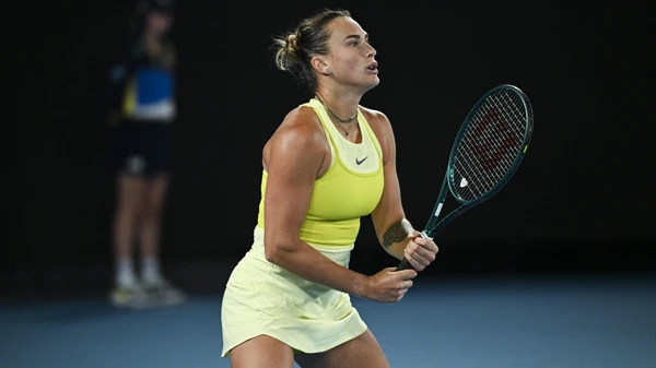 MELBOURNE, AUSTRALIA - JANUARY 23: Aryna Sabalenka in action against Paula Badosa of Spain (not seen) in the semi final match of the Australian Open grand slam tennis tournament at Melbourne Park in Melbourne, Australia on January 23, 2025
