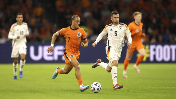 Photo on ball Xavi Simons Netherlands vs Pascal GROSS Germany , right Football international , UEFA Nations League on Tue 10 09 2024