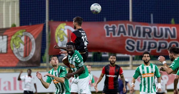 Vincenzo Polito top of Hamrun Spartans is in action during the UEFA Champions League First qualifying round, 2nd leg soccer match between Hamrun Spartans FC and FK Zalgiris at the Centenary Stadium in Ta Qali, Malta, on July 15, 2025.