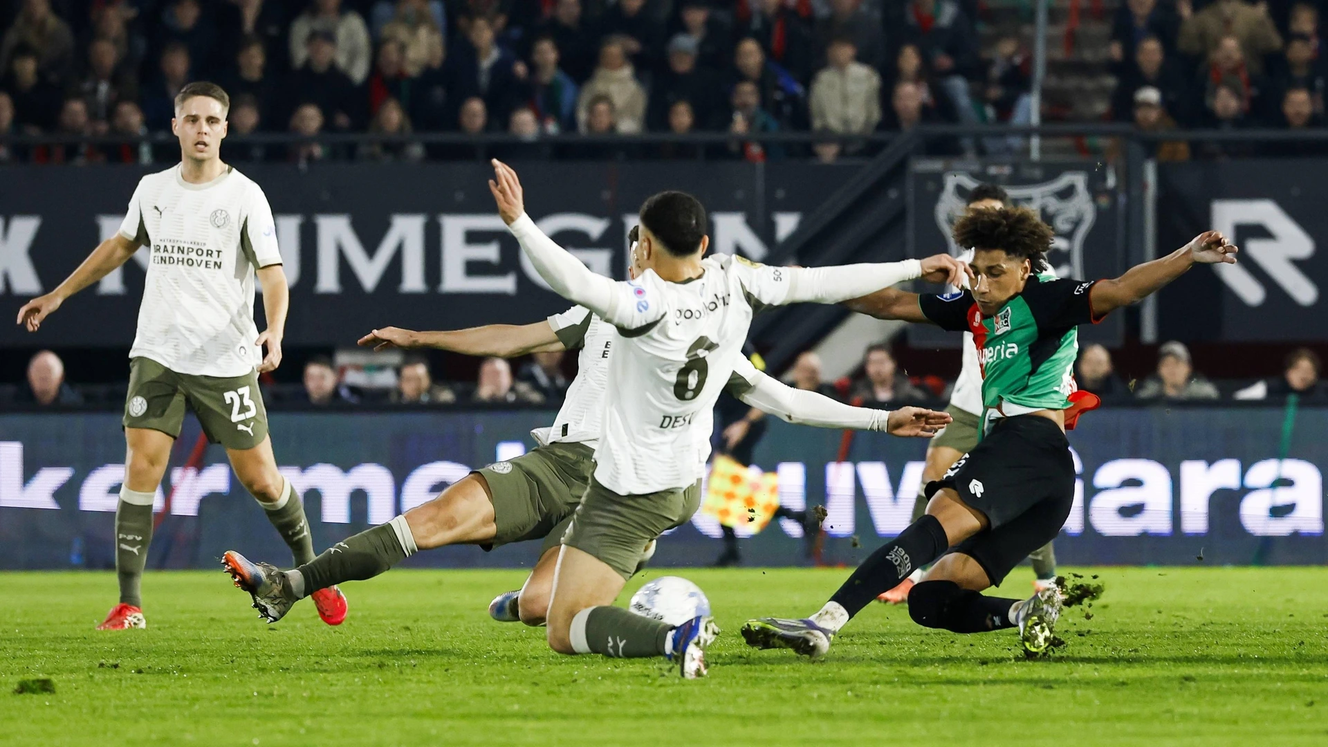 A chance for Noа Lebreton of NEC Nijmegen during the KNVB Cup semi-final match between NEC and PSV at De Goffert on March 3, 2026, in Nijmegen, Netherlands.
