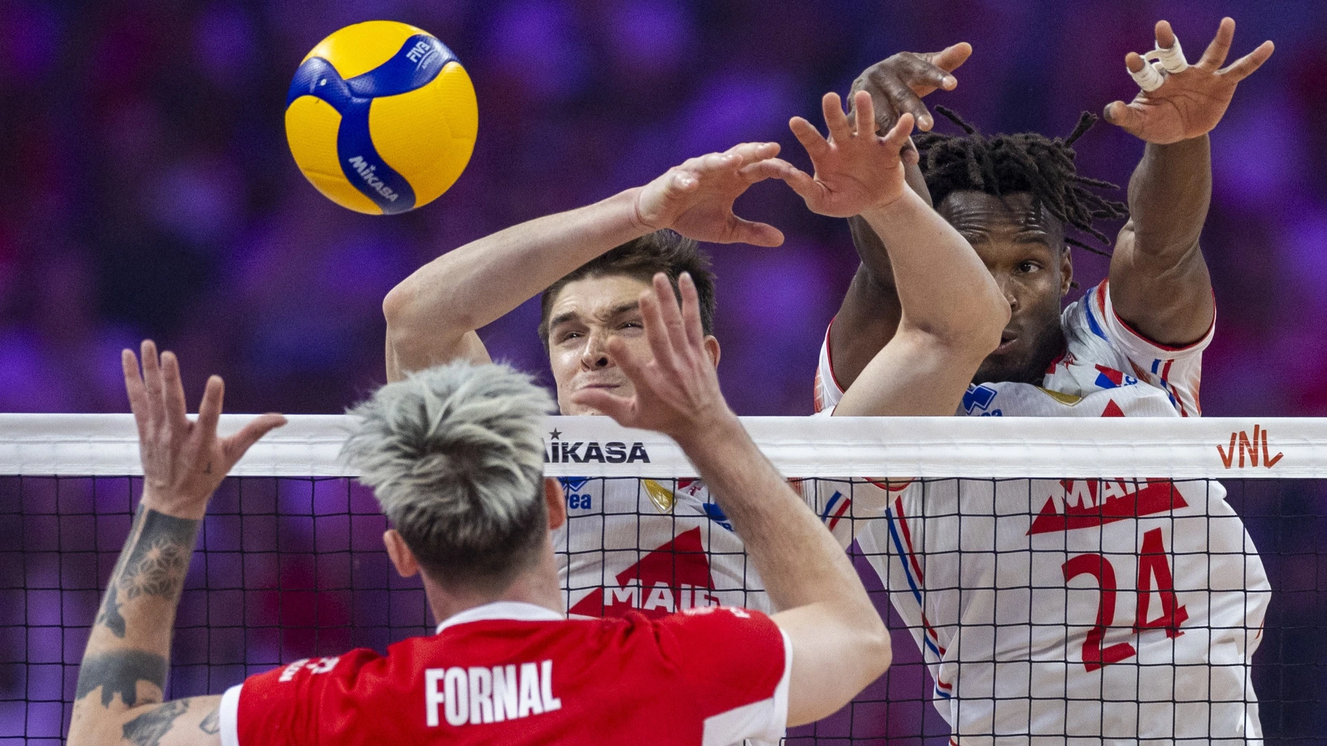 Theo Faure, Mousse Gueye during Men's Volleyball Nations League 2025 match between France and Poland in Gdansk, Poland on July 20, 2025.