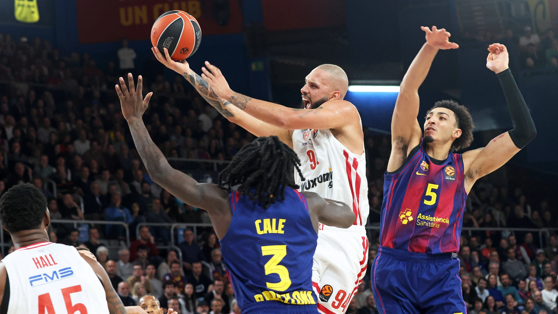Evan Fournier, Myles Cale, and Miles Norris play during the match between FC Barcelona and LDLC ASVEL Villeurbanne, corresponding to round 15 of the Euroleague, at the Palau Blaugrana in Barcelona, Spain, on December 12, 2025