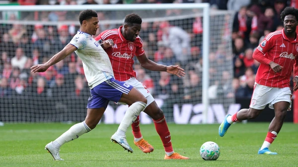 Ollie Watkins of Aston Villa and Ibrahim Sangare of Nottingham Forest seen in action during the Premier league football match between Nottingham Forest and Aston Villa at City Ground. Final score Nottingham Forest 1 : 1 Aston Villa.