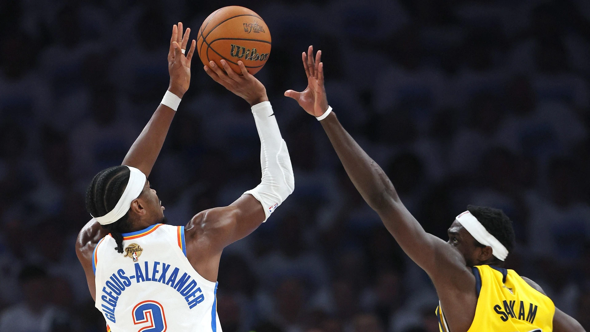 Shai Gilgeous-Alexander #2 of the Oklahoma City Thunder attempts a jump shot against Pascal Siakam #43 of the Indiana Pacers during the third quarter in Game Five of the 2025 NBA Finals at Paycom Center on June 16, 2025 in Oklahoma City, Oklahoma.