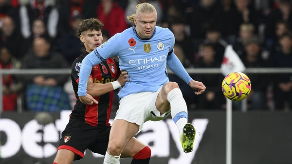 Bournemouth, England, Nov 2nd 2024: Bournemouth s Milos Kerkez left battles with Manchester City s Erling Haland right during the Premier League football match between Bournemouth and Manchester City at the Vitality Stadium in Bournemouth, England.