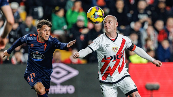 Fran Cervi Celta Vigo and Isi Palazon Rayo Vallecano seen in action during LaLiga EA SPORTS game between teams of Rayo Vallecano and RC Celta de Vigo at Estadio de Vallecas.
