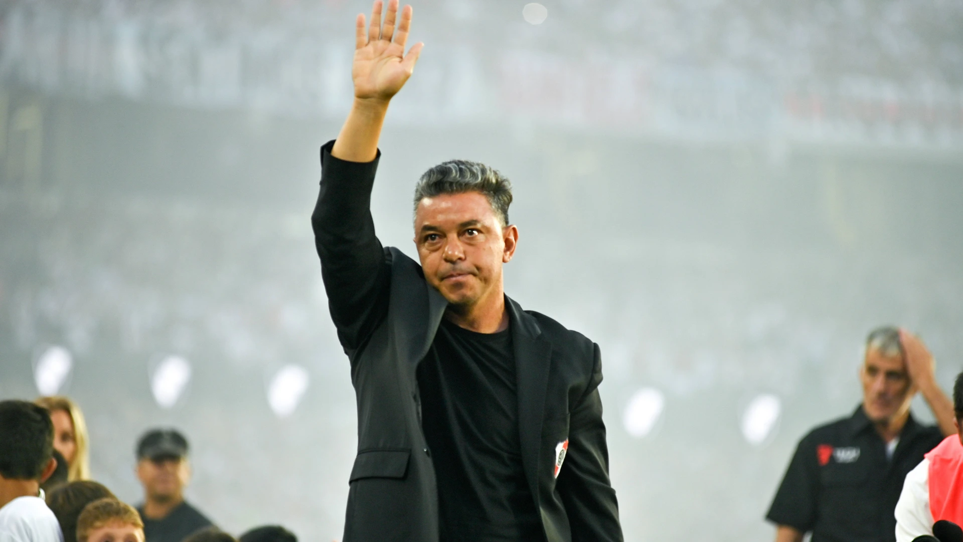 Marcelo Gallardo waves to the fans one last time after receiving a standing ovation from the entire stadium during a Copa de la Liga Profesional match between River Plate and Banfield at the Estadio Mas Monumental in Buenos Aires, Argentina, on February 26, 2026