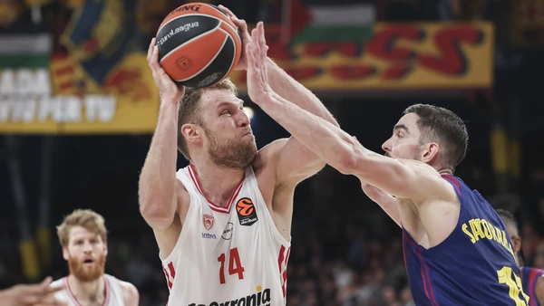 Sasha Vezenkov of Olympiacos Piraeus in action during the EuroLeague Regular Season Round 15 match played between FC Barcelona, Barca and Olympiacos Piraeus at Palau Blaugrana on December 12, 2025
