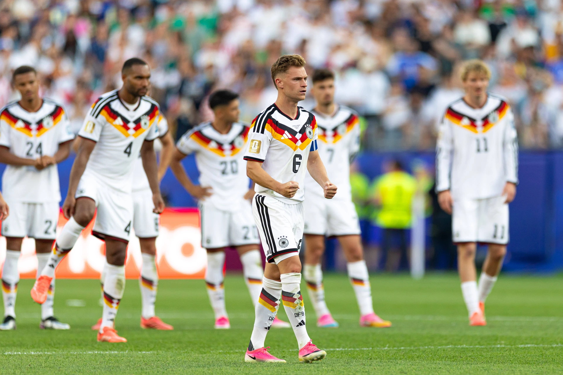 June 29, 2026; Foxborough, Massachusetts, USA; Germany defender Joshua Kimmich (6) encourages his squad during a penalty kick shootout in a FIFA World Cup, WM, Weltmeisterschaft, Fussball 2026 Roun...