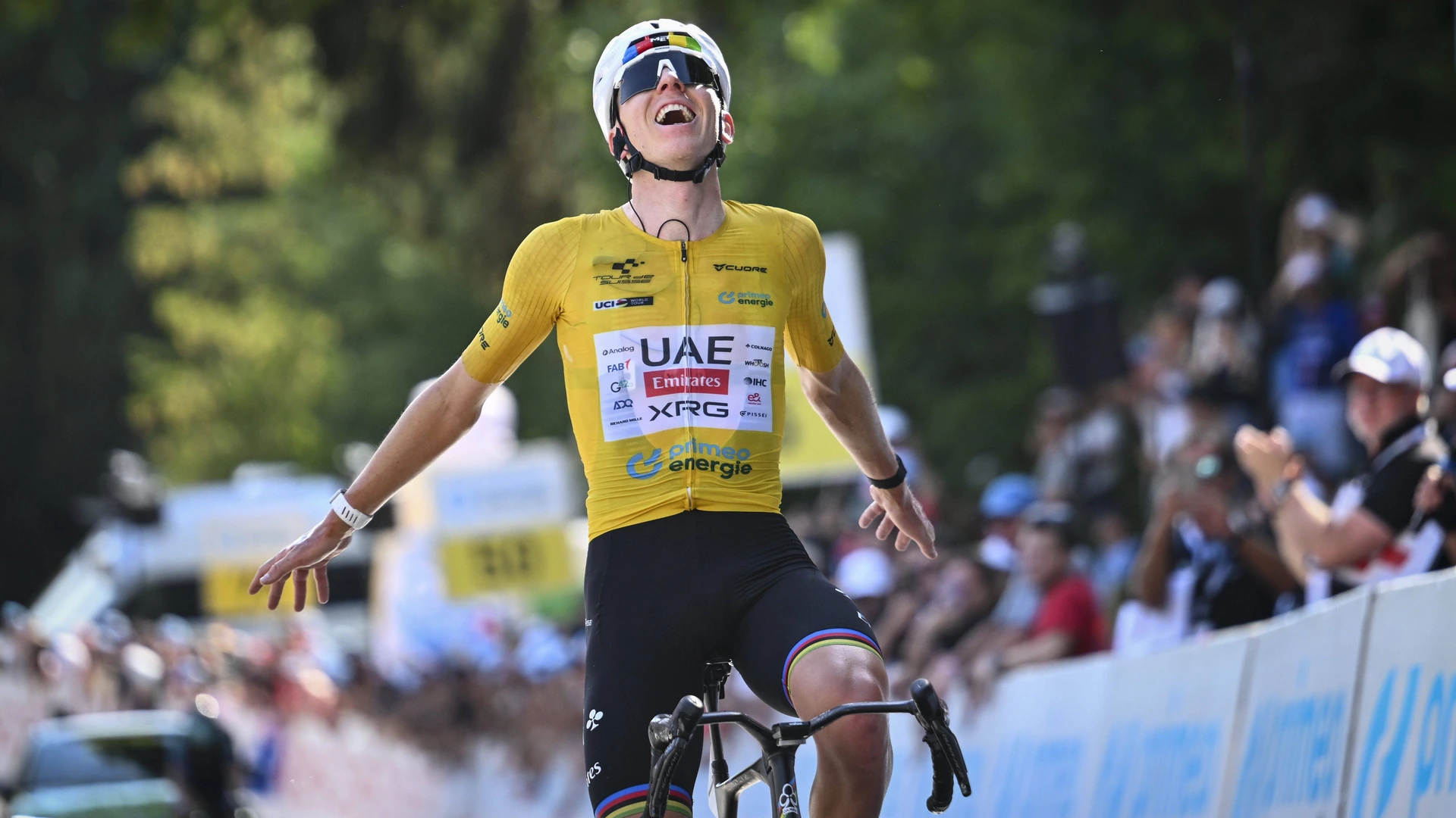 Pogacar Tadej SLO of UAE Team Emirates XRG during stage 5 of the 89th edition of Tour de Suisse an UCI World Tour 2.UWT cycling road race stage for Men Elite of 151.1 km with start in Villars-sur-Ollon and finish in Villars-sur-Ollon on June 21, 2026 in Villars-sur-Ollon, Switzerland
