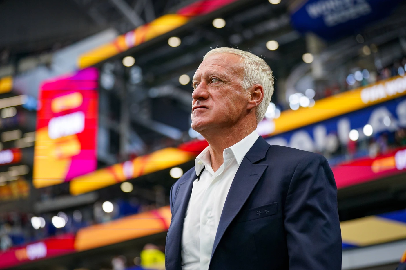 USA: Fussball FIFA World Cup, WM, Weltmeisterschaft, Fussball 2026, Halbfinale - Frankreich vs Spanien - Dallas Stadium in Arlington, Texas: Didier Deschamps (Trainer, Frankreich) Mimik, Gesichtsau...