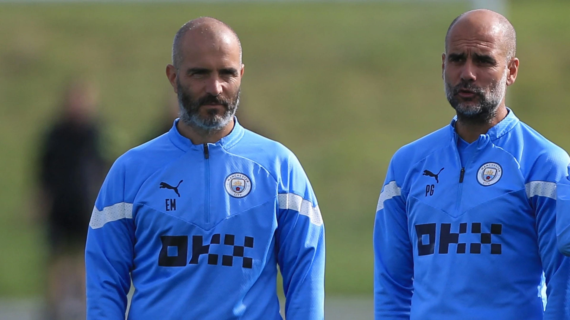 Manchester City's assistant manager Enzo Maresca, Manchester City's manager Pep Guardiola attend a training session on September 13, 2022 at the Manchester City training ground in Manchester for Champions League match between City and Borussia Dortmund.