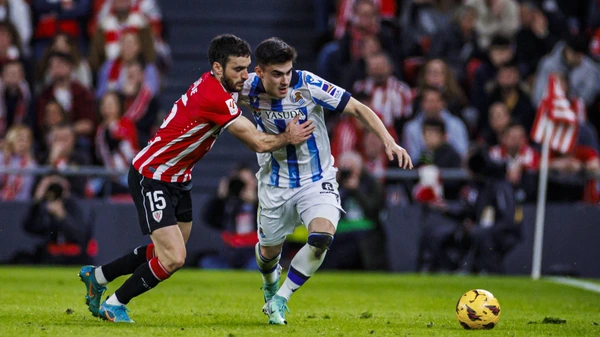 Athletic Bilbao v Real Sociedad - LaLiga EA Sports Players are competing in the Liga EA Sports match between Athletic Bilbao and Real Sociedad at the Estadio San Mames in Bilbao, Spain, on January 13, 2024.