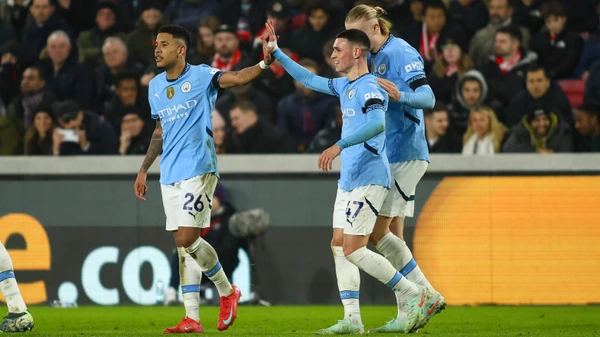 London, England, January 14th 2025: Phil Foden 47 Manchester City celebrates with Savio 26 Manchester City and Erling Haland 9 Manchester City during the Premier League match between Brentford and Manchester City