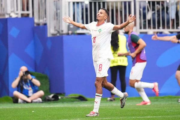 July 4, 2026, Houston, Texas, United States: Azzedine Ounahi of Morocco celebrates after scoring his team s first goal during the FIFA World Cup, WM, Weltmeisterschaft, Fussball 2026 Round Of 16 ma...