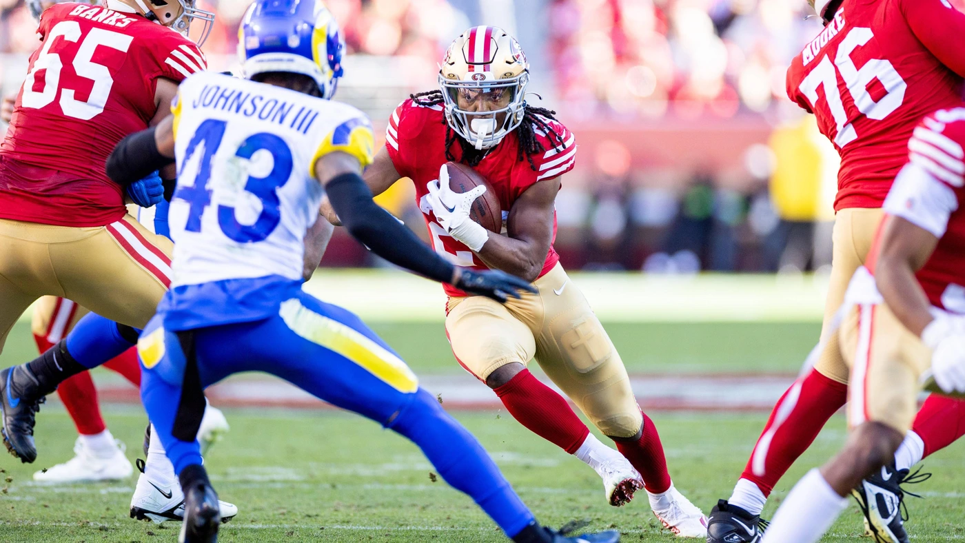 San Francisco 49ers running back Jordan Mason 24 runs the ball during the NFL, American Football Herren, USA professional football game between the Los Angeles Rams and San Francisco 49ers on January 7, 2024 at Levs Stadium in Santa Clara, CA.