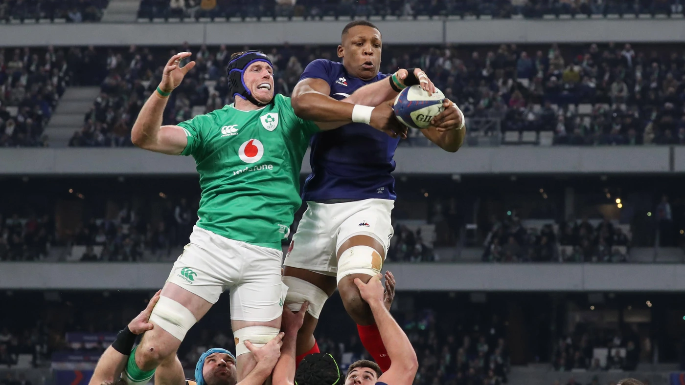 02/02 /2024 FRANCE, MARSEILLE, FEBRUARY 02. Cameron Woki of France and Ryan Baird of Ireland during the Guinness Six Nations Rugby Championship match between France and Ireland, on February 02, 2014 at the Stade Velodrome in Marseille, France.