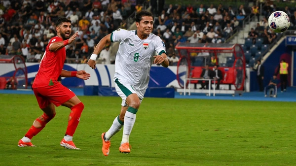 BASRA, IRAQ - OCTOBER 10: Ibrahim Bayesh (8) of Iraq in action during the 2026 FIFA World Cup qualification (AFC) between Iraq and Palestine at Basra International Stadium in Basra, Iraq on October 10, 2024.