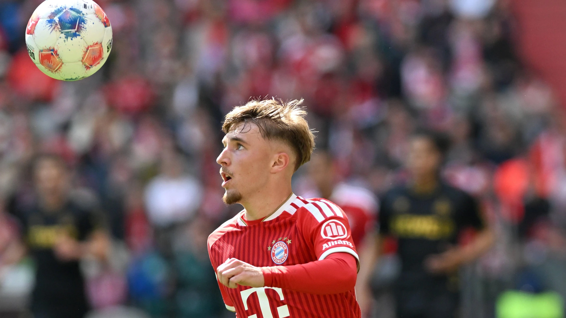 LENNART KARL, Bayern Munchen, Bundesliga 2025-26, Bayern Munchen-FC Koln 5-1, action, single shot
