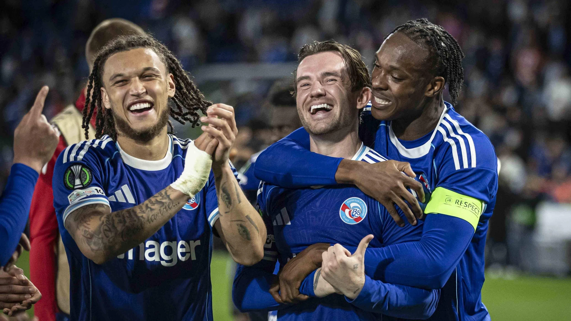 FOOTBALL : Racing de Strasbourg - FSV Mainz 05 - UEFA Conference League - Stade de la Meina - 16/04/2026 Ben Chilwell 3 Emanuel Emegha 10