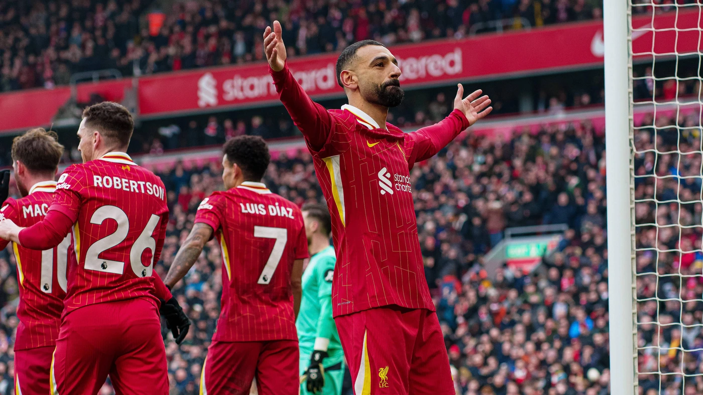 Liverpool FC v Wolverhampton Wanderers FC - Premier League Mohamed Salah celebrates after scoring from the penalty spot during the Premier League match between Liverpool and Wolverhampton Wanderers at Anfield in Liverpool, England, on February 16, 2025.