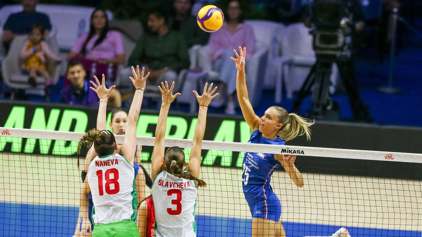 Serbia v Bulgaria - Women s Volleyball Nations League BELGRADE, SERBIA - JULY 8: N. Cajic 25 of Serbia in action against D. Naneva 18 of Bulgaria during the 2026 FIVB Volleyball Women s Nations League match between the Serbia and Bulgaria in Belgrade, Serbia, on July 8, 2026.