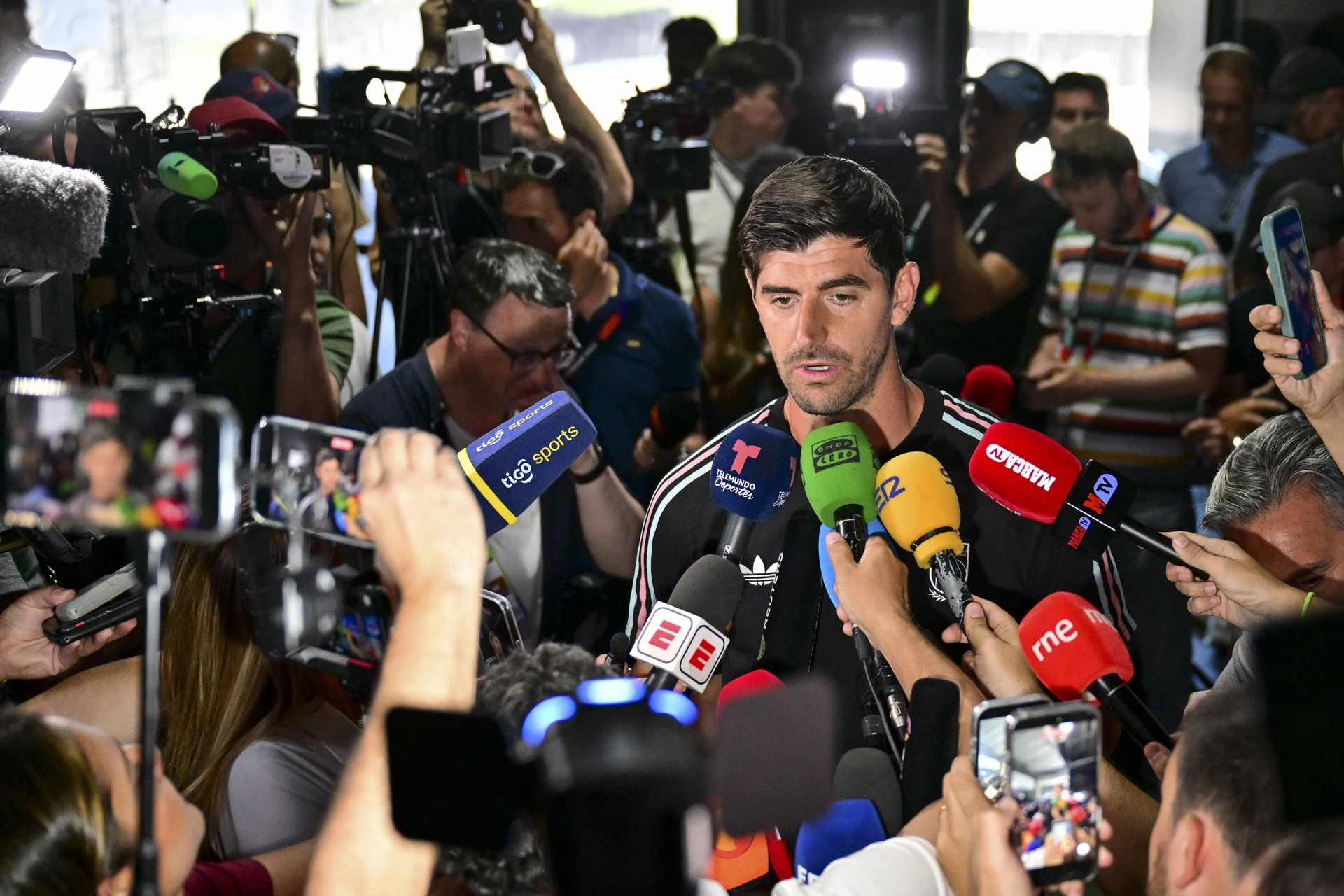 Belgium s goalkeeper Thibaut Courtois pictured during a press conference, PK, Pressekonferenz of Belgian national soccer team Red Devils, on Wednesday 08 July 2026 in Carson, Los Angeles County, Ca...