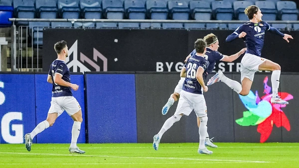 Nikolaj Duus Möller scores during the Eliteserien football match between Stromsgodset SIF and Molde at Marienlyst Stadium in Drammen Right SIF goalkeeper Per Kristian Bratveit Photo Lise Aserud NTB Drammen Norway