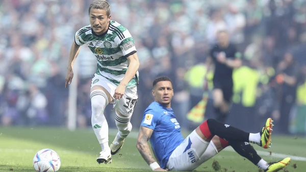 Scottish Cup - Final - Glasgow Rangers vs Celtic - Hampden Park - Saturday 25th May 2025 Daizen Maeda of Celtic vies with James Tavernier of Rangers