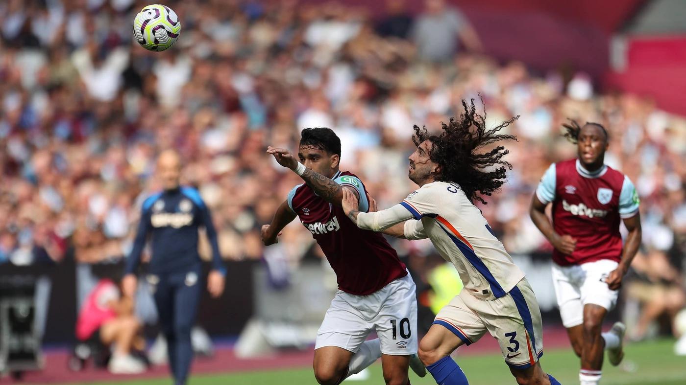 West Ham midfielder Lucas Paqueta 10 and Chelsea defender Marc Cucurella 3 challenge for the ball during the West Ham United FC v Chelsea FC English Premier League match at the London Stadium, London.