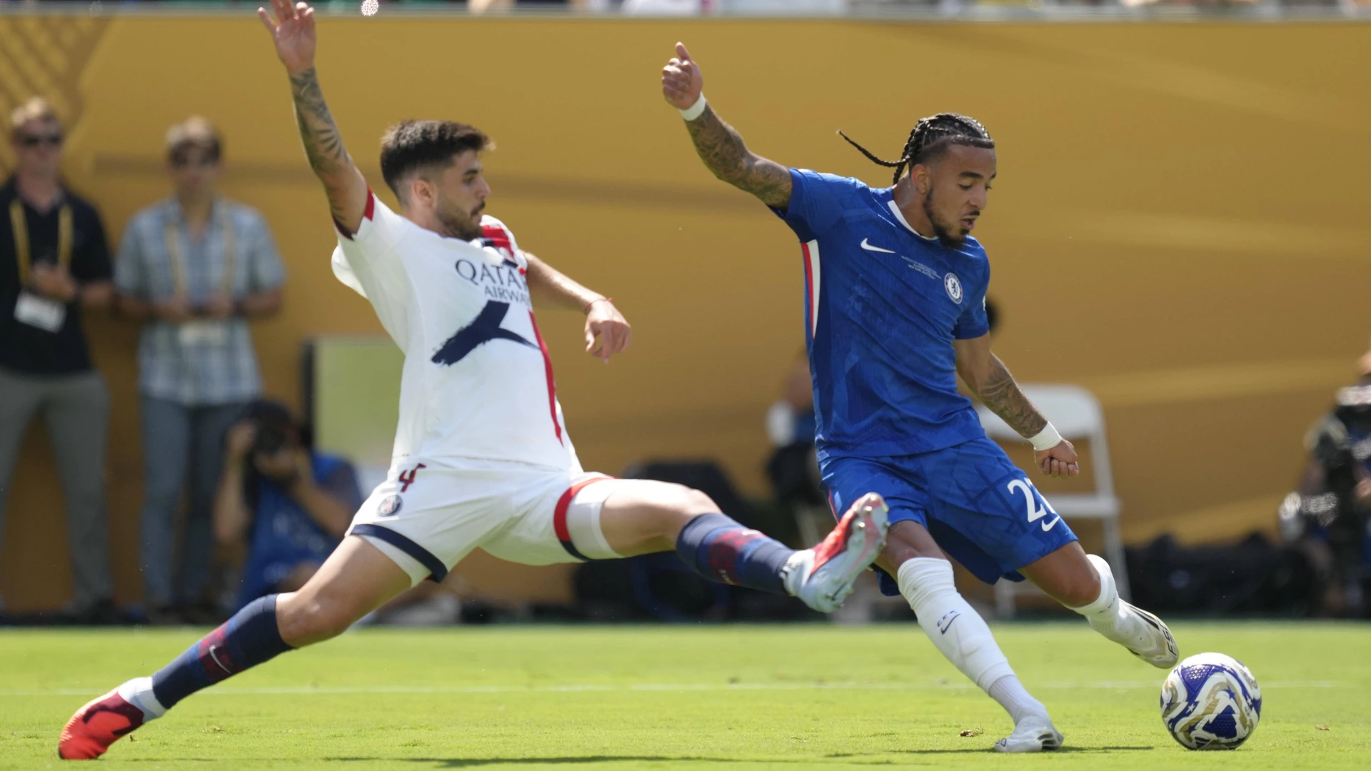 Chelsea FC v Paris Saint-Germain: Final - FIFA Club World Cup 2025 Malo Gusto right-back of Chelsea and France and Lucas Beraldo centre-back of PSG and Brazil compete for the ball. July 13, 2025 in East Rutherford, United States.
