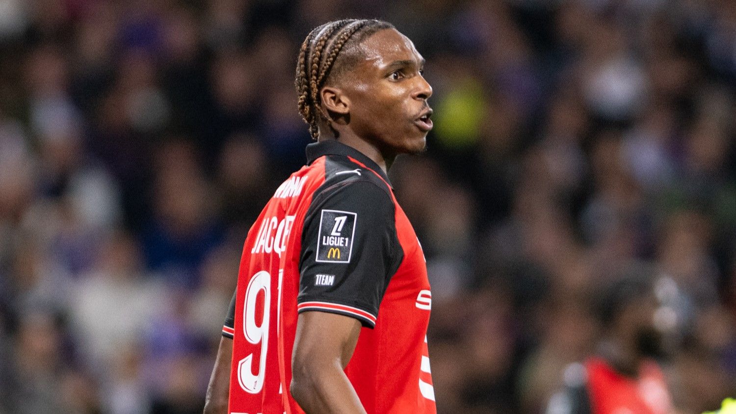 Jeremy Jacquet of Rennes during the French championship Ligue 1 football match between Toulouse FC and Stade Rennais on 29 October 2025 at Stadium in Toulouse, France