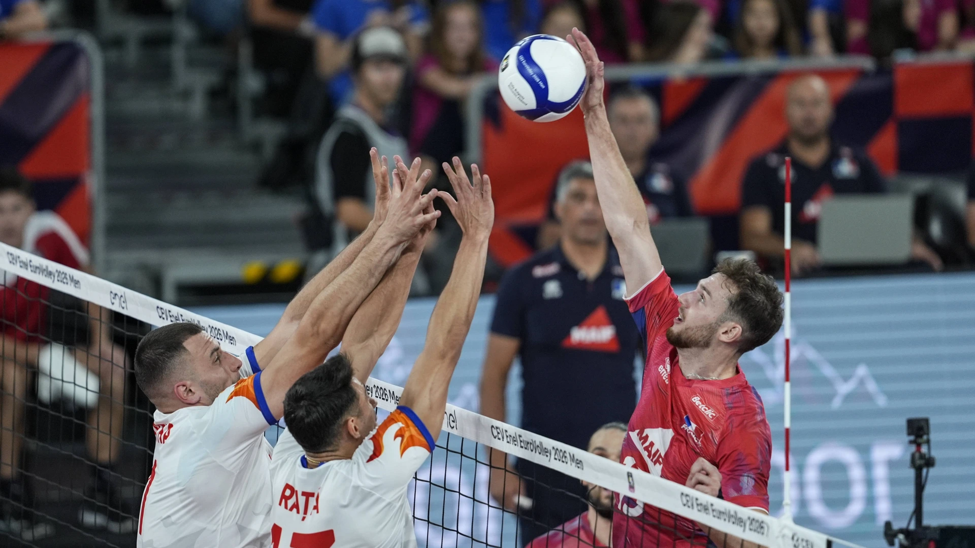 SEPTEMBER 16: Bela Bartha of Romania in action during the CEV 2026 European Men s Volleyball Championship Group D match between France and Romania