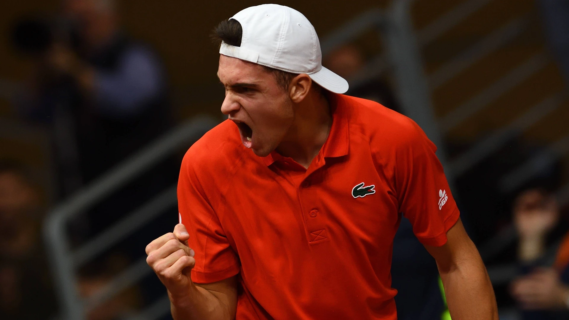 Alexander Vasilev of Bulgaria in action during his match against Raphael Collignon of Belgium for the first round qualifiers of Davis Cup between Bulgaria and Belgium in Plovdiv, Bulgaria on February 07,2026.