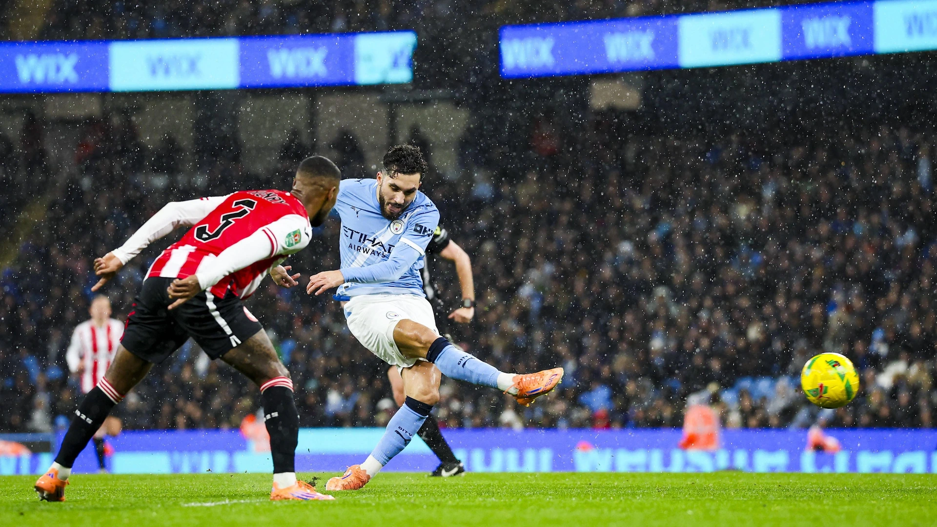 Manchester City v Brentford, Carabao Cup Manchester City midfielder Rayan Cherki 10 shoots at goal during the Manchester City v Brentford Carabao Cup Quarter-Final match at the Etihad Stadium, Manchester, England on 17 December 2025